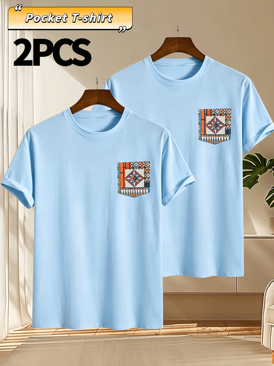 2pcs Men's Round Neck Pocket Short-Sleeve T-Shirt, Suitable for Summer Outdoor Casual Wear, Versatile Casual Knit Top, Men's Casual Pocket Design Sport T-Shirt - Sky Blue
