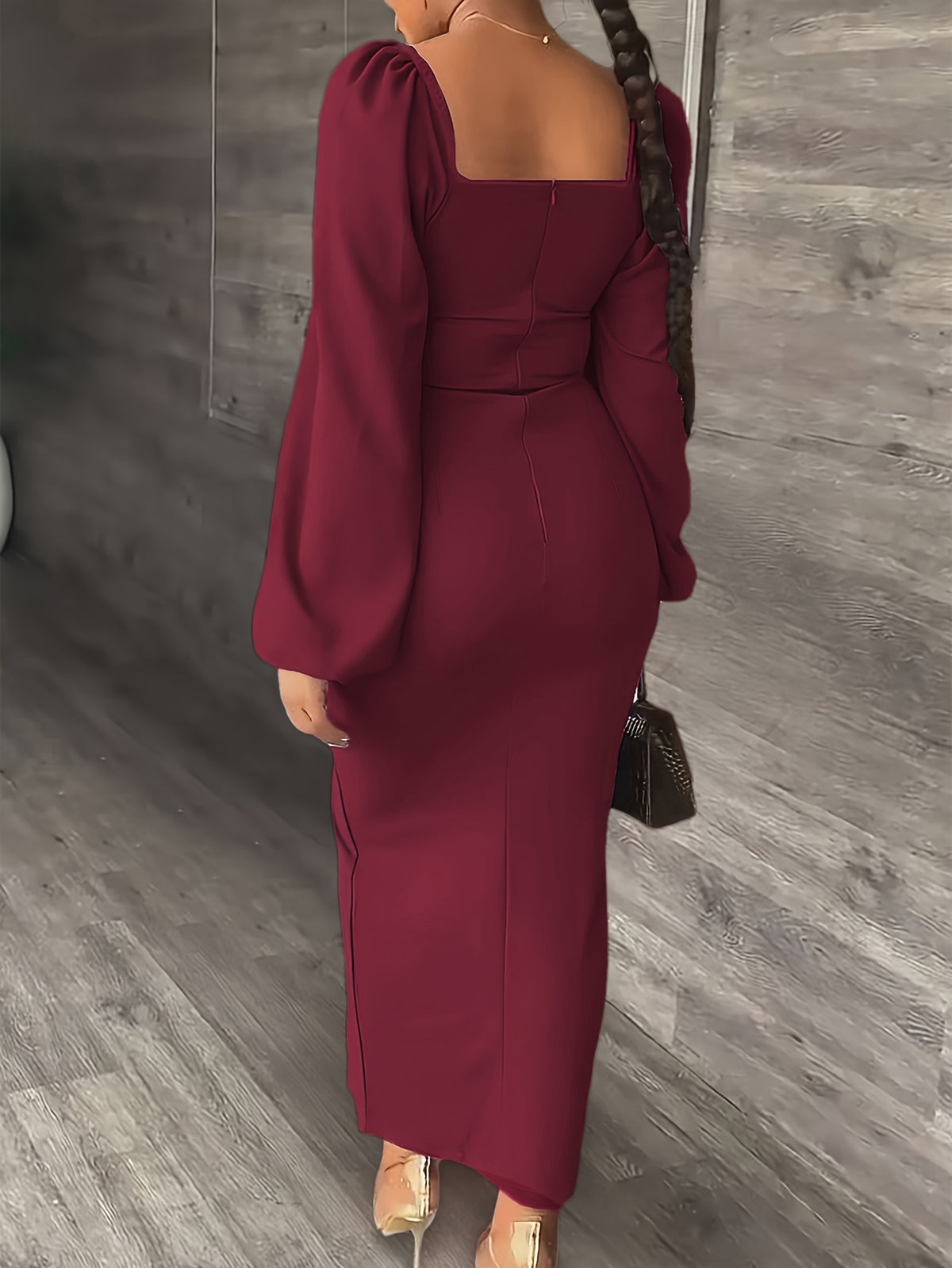 New European and American Style Fashion Slimming Split Long Sleeve Dress Trend - Burgundy