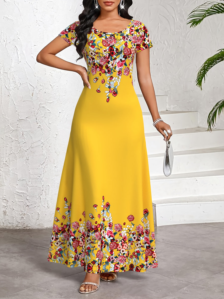 Elegant Short-Sleeved Long Dress for Women, Featuring a Round Neck And Made from Printed Fabric, Perfect for Home, Vacation, Or Commuting, with Soft And Breathable Material - Multicolor