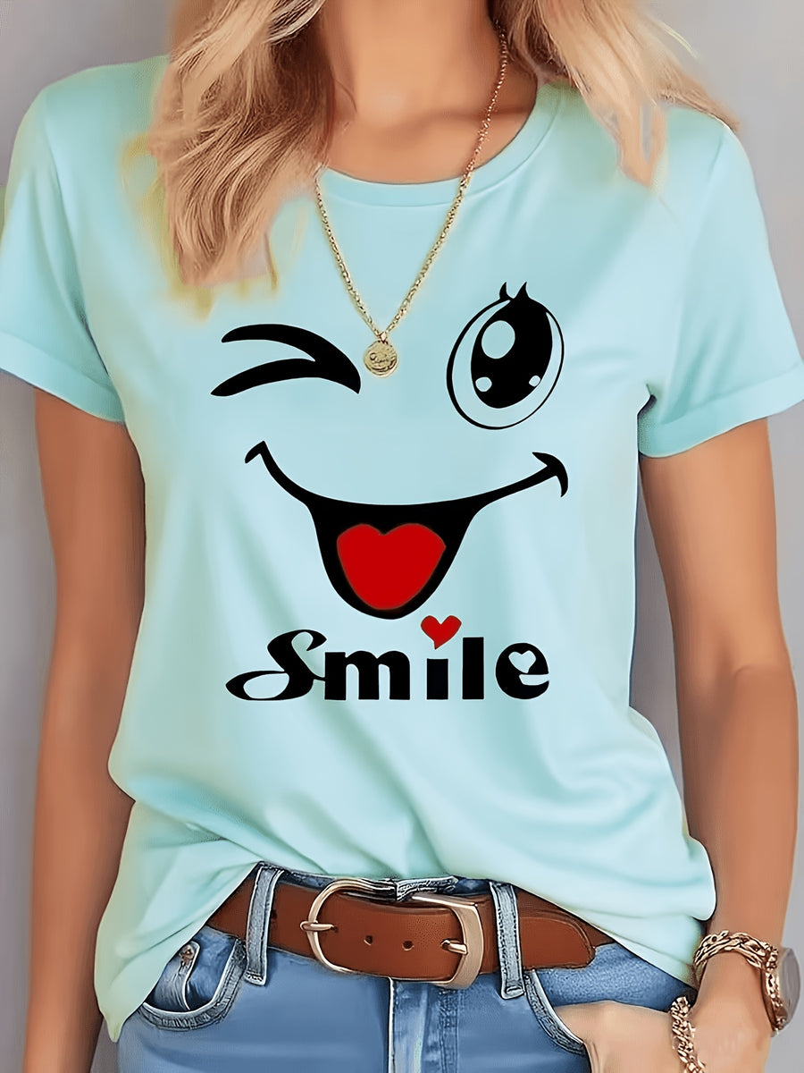 Women's Clothing and Summer Fashion Apparel, Available in Various Styles, Suitable for Outdoor Wear, Highly Breathable, with a Soft and Comfortable Feel. Short-sleeve T-shirts Printed Using Heat Transfer Technology, Sizes S to XXL - Sky Blue