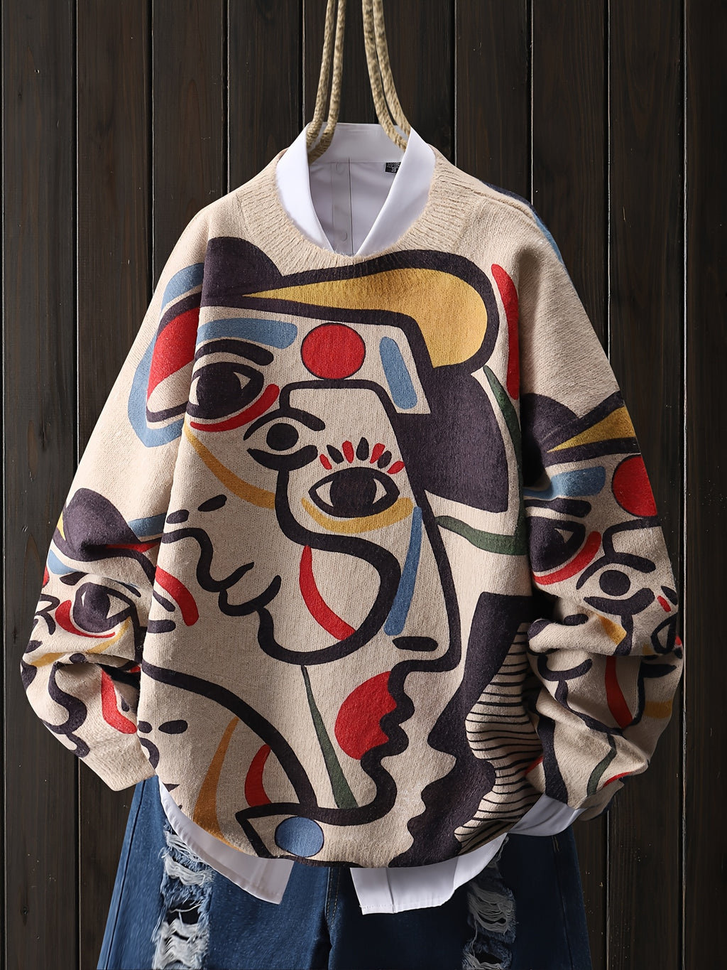 Line Art Style Face Pattern Fashion Colorful Lines Pullover, Casual Round Neck Long Sleeve Top, Women's Clothing - Colorblock