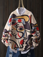 Line Art Style Face Pattern Fashion Colorful Lines Pullover, Casual Round Neck Long Sleeve Top, Women's Clothing - Colorblock