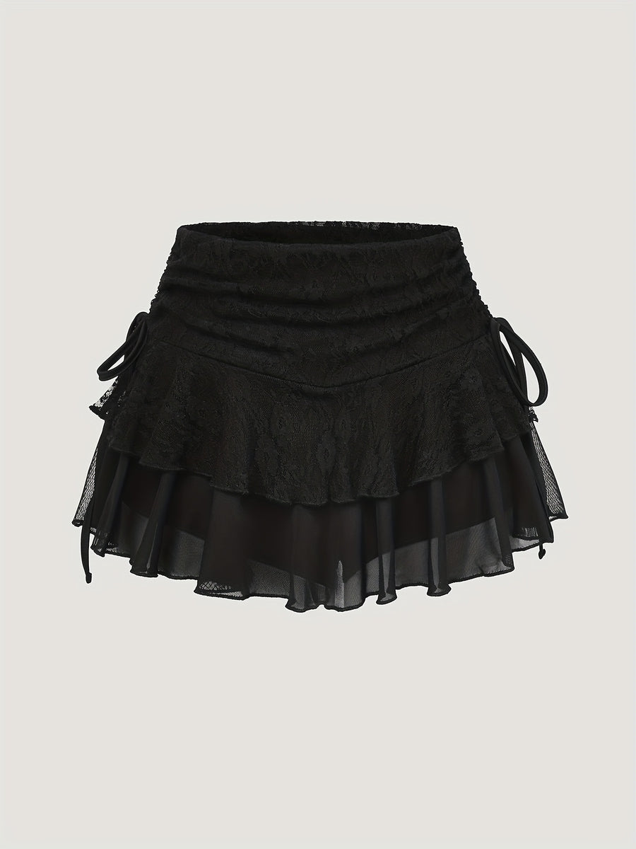 Lace Patchwork Mesh Half Skirt - Black