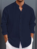 Pearson OBM 2pcs Men's Casual Fashion Simple Solid Color Textured Fabric Long-Sleeve Button-Up Shirt, Cool and Comfortable, Suitable for Daily Leisure and Outings, Essential for Spring and Autumn - White + Navy Blue Combination