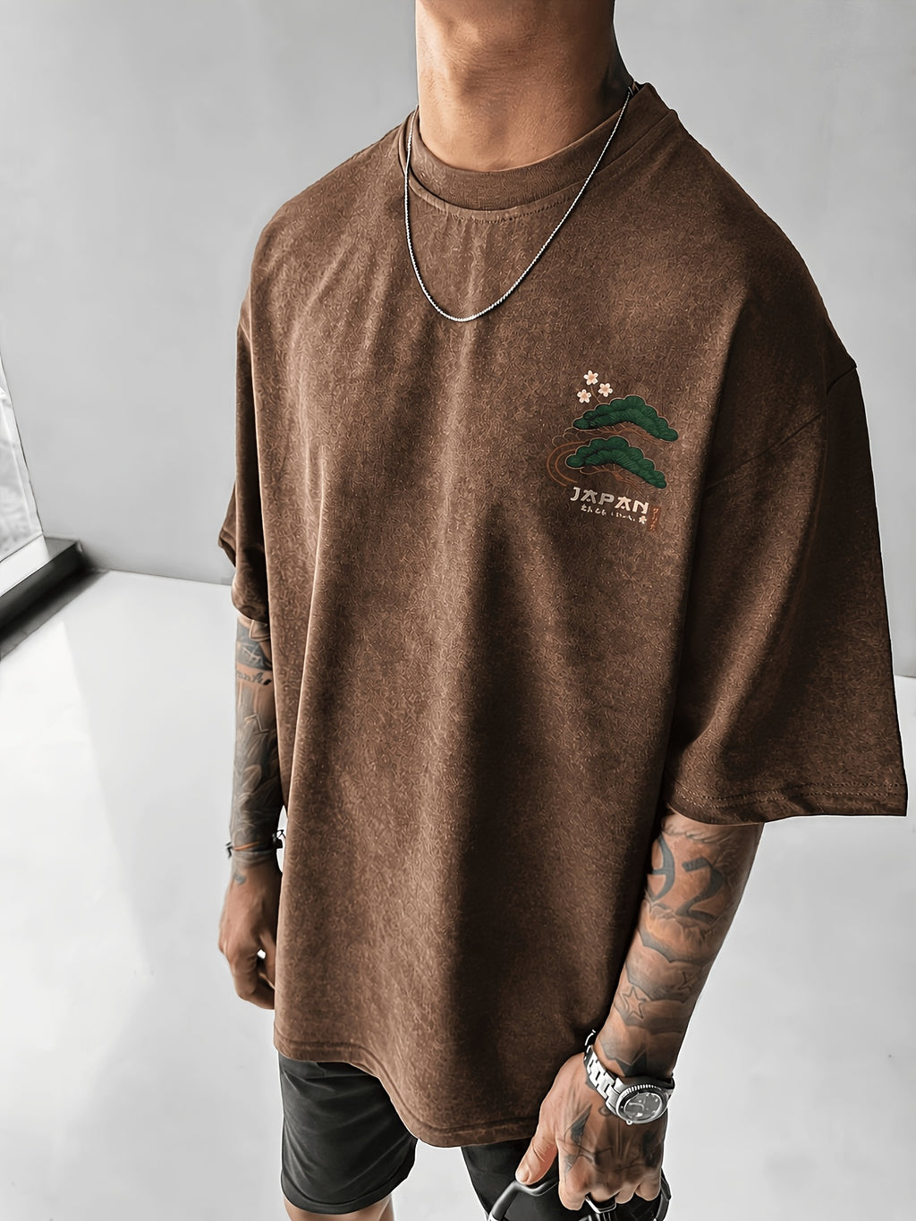 Printed Design - Not Textured: Tang Yunshu American Sporty Style Trendy Men's Japanese National Chic Printed Short Sleeve Shirt, Distressed Washed Finish + Exquisite Crane and Pine Tree Pattern, Crisp Wrinkle-Resistant and Wear-Resistant Fabric - Camel