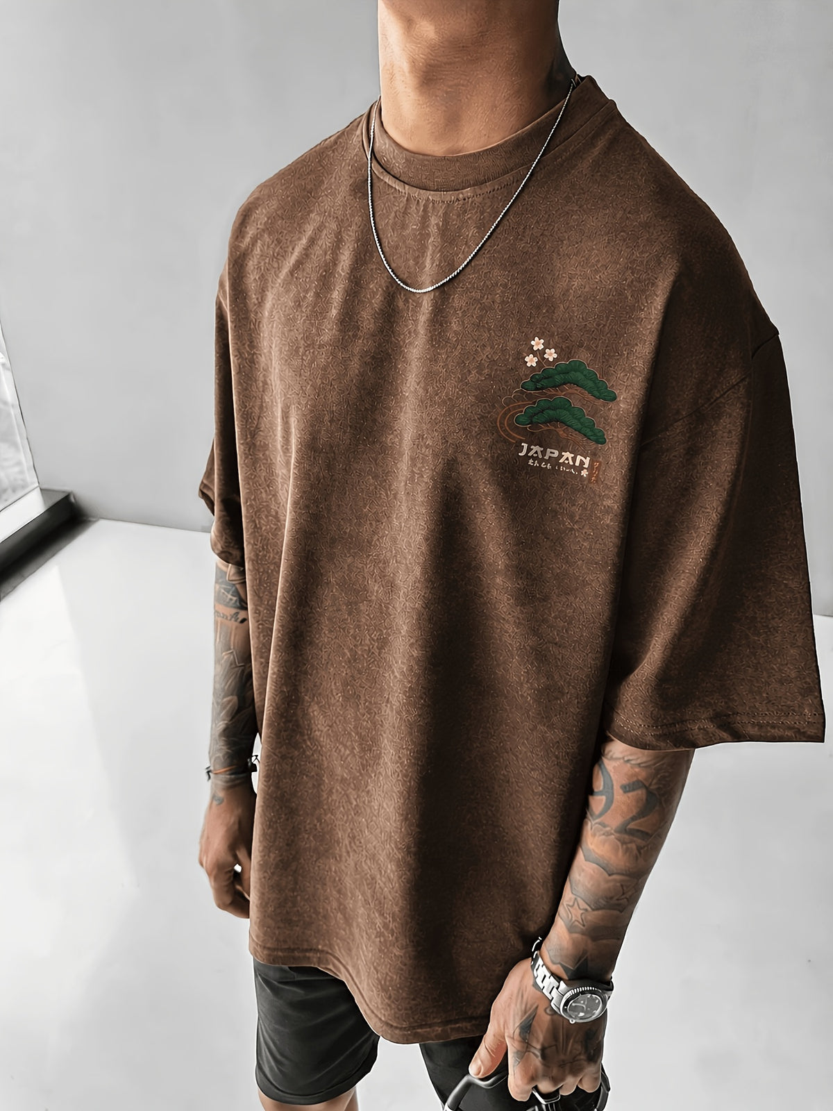 Printed Design - Not Textured: Tang Yunshu American Sporty Style Trendy Men's Japanese National Chic Printed Short Sleeve Shirt, Distressed Washed Finish + Exquisite Crane and Pine Tree Pattern, Crisp Wrinkle-Resistant and Wear-Resistant Fabric - Camel