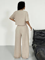 Women'S Spring/Summer Fashion T-Shirt And Pants 2pcs Set - Khaki
