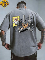Officially Licensed by Warner Bros., Men'S Short-Sleeve T-Shirt with Playful 'Little Mouse Lifting Weights' Print, Featuring an American Retro Washed And Distressed Look. Perfect for Outdoor Activities And Daily Commutes; Machine Washable - Grey