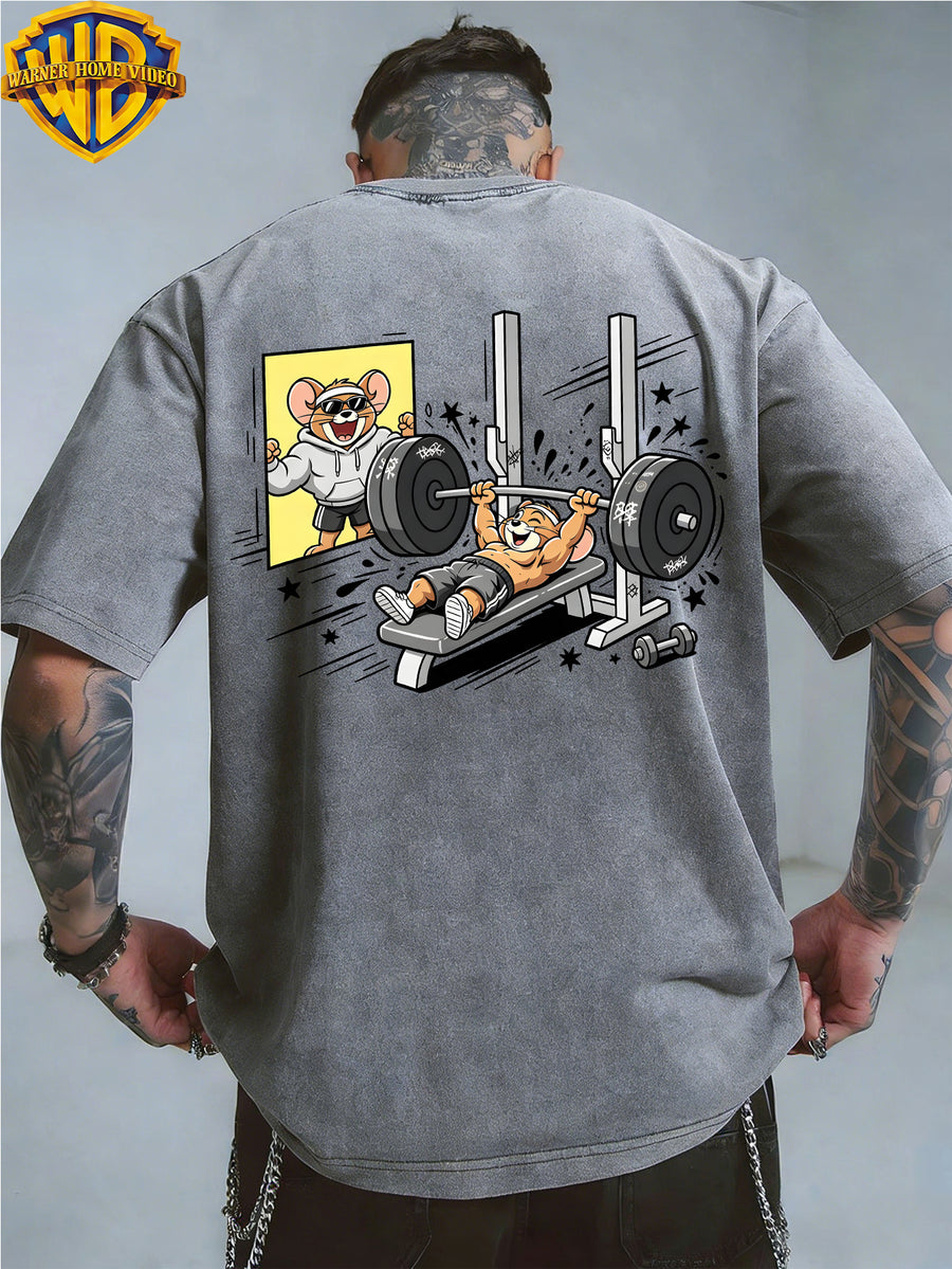 Officially Licensed by Warner Bros., Men'S Short-Sleeve T-Shirt with Playful 'Little Mouse Lifting Weights' Print, Featuring an American Retro Washed And Distressed Look. Perfect for Outdoor Activities And Daily Commutes; Machine Washable - Grey