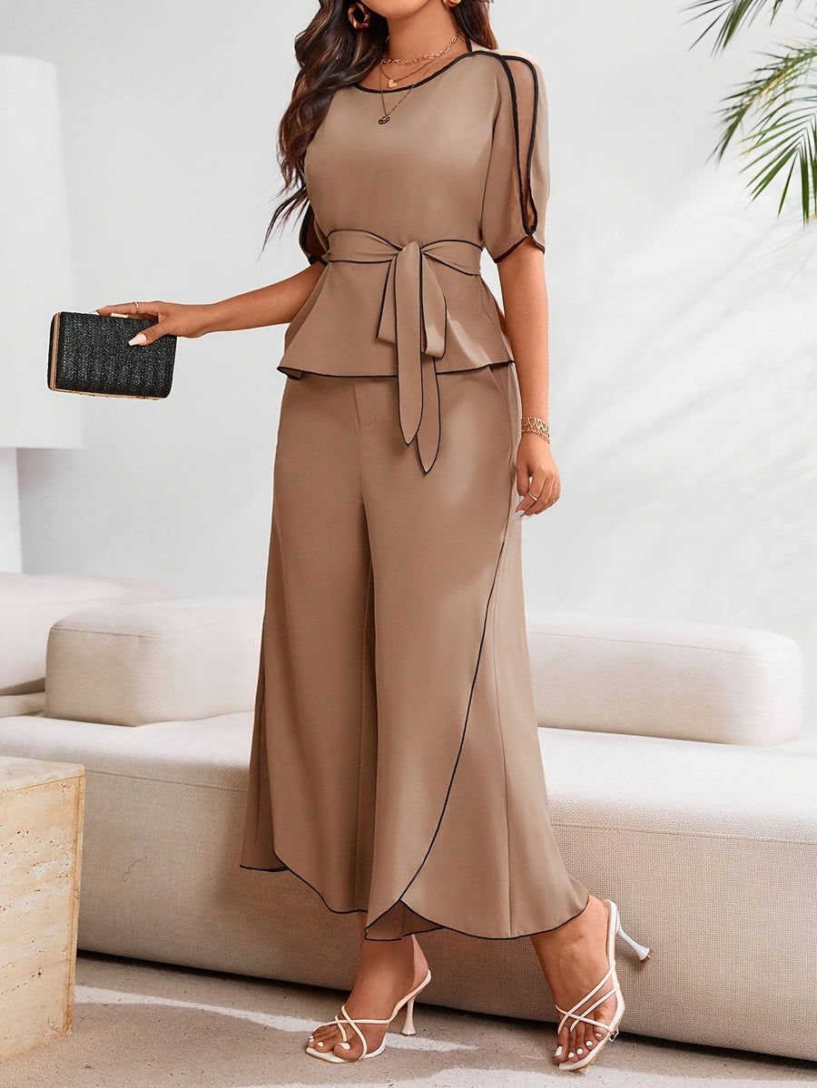 Two-Piece Women'S Casual Elegant Color Block Round Neck Short-Sleeved Shirt And Wide-Leg Pants Set - Khaki