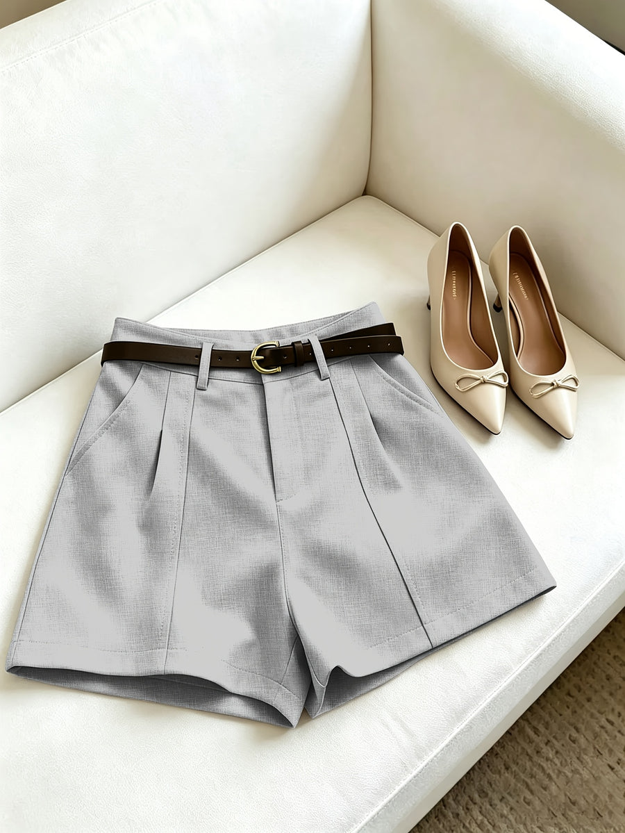 Women'S High-Waist Blazer Shorts, Solid Color Pleated Casual Shorts with Belt, Slim A-Line Commuter Shorts, Summer Lightweight Office And Daily Wear - Grey