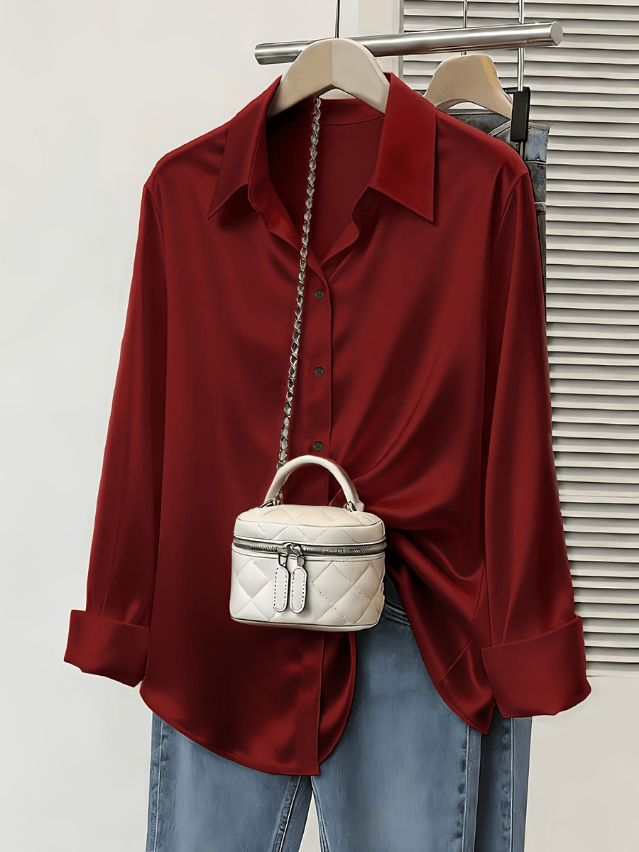 Women's Spring/Autumn Elegant and Versatile Satin Commuter Shirt - Burgundy