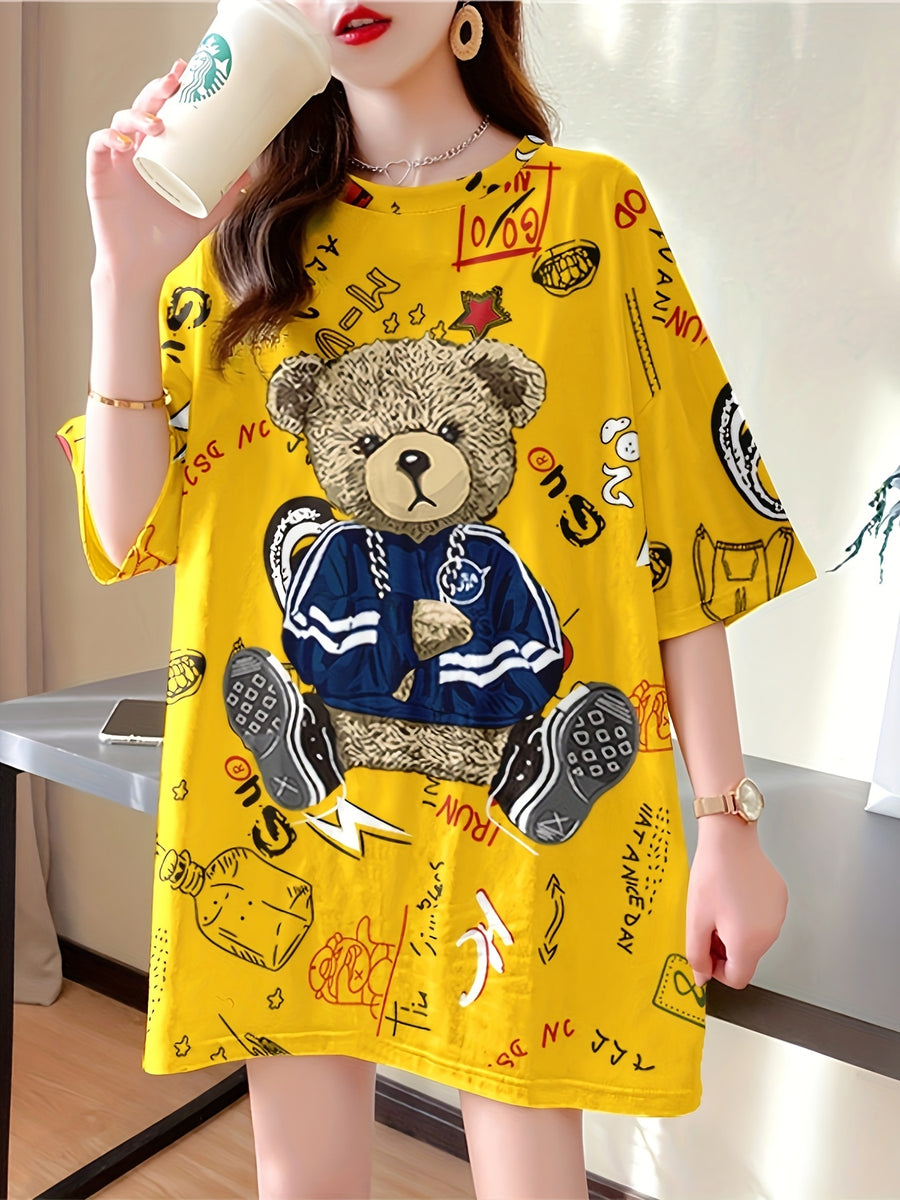 Summer New Large Size Loose Fashion Trend Slim Cartoon Round Neck Print Ladies Women'S Medium And Long Short-Sleeved T-Shirt Clothes - K180-Y