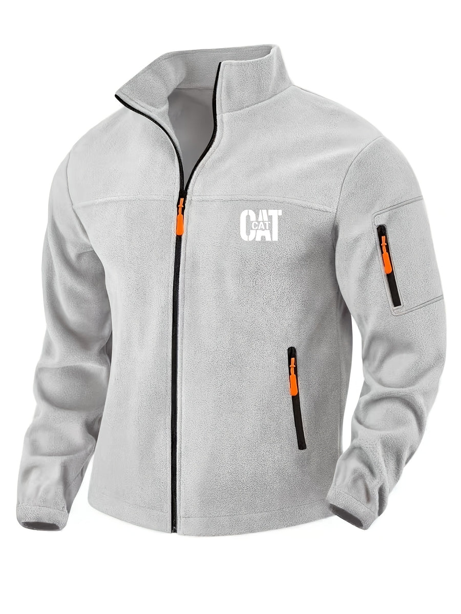 Men'S Autumn Winter New Fleece Lined Stand Collar Zipper Jacket, CAT Letter Print Long Sleeve Jacket, Multi-Pocket Design Casual Commute Trendy Top - Light Gray 1