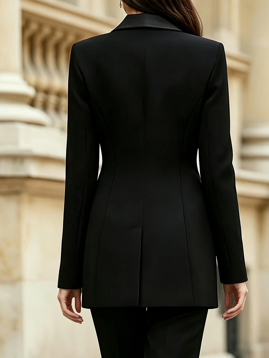 YYTT Black Lapel Waist-Cinching Blazer Women'S Double-Breasted Slim Mid-Length Suit, Office Temperament Waist-Defining Suit - Black