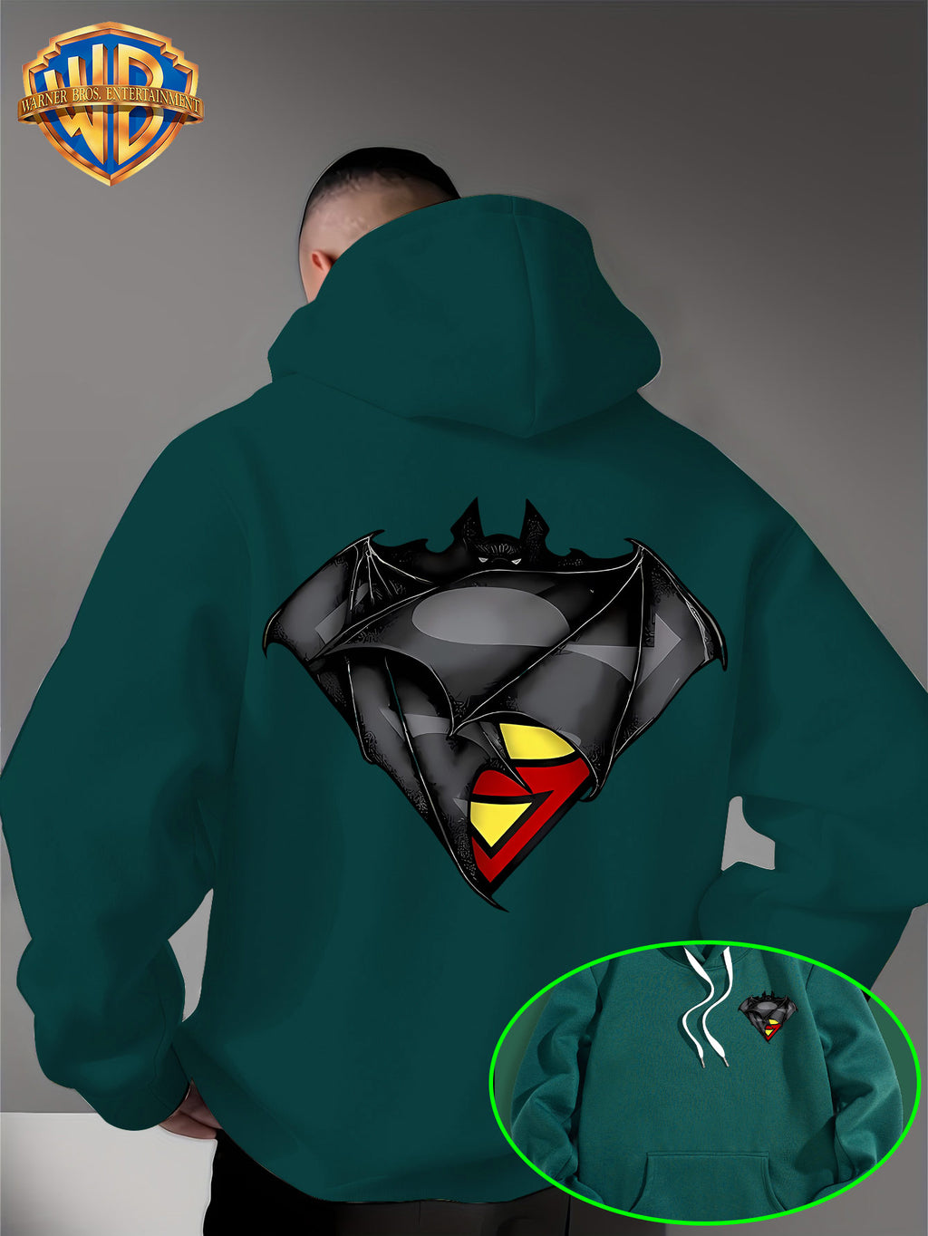 WB Warner Bros DC Official Justice League Superman-Batman Fusion Logo Hooded Sweatshirt - -Lined Hoodie Suitable for Men & Women, Unisex Couple's Gift, Adjustable Drawstring Hood, Iconic Logo Print for Casual Winter Wear, Machine Washable - Malachite Green