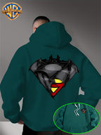 WB Warner Bros DC Official Justice League Superman-Batman Fusion Logo Hooded Sweatshirt - -Lined Hoodie Suitable for Men & Women, Unisex Couple's Gift, Adjustable Drawstring Hood, Iconic Logo Print for Casual Winter Wear, Machine Washable - Malachite Green