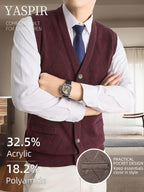 Men's Fall Winter Knit Vest with Elegant Open Front Design and Dual Pockets. Classic Old Money Style with Warmth and Comfort, Perfect for Business Casual, Daily Wear, Outdoor Activities, and Travel. A Stylish Gift Choice for Dad or Husband. - Burgundy