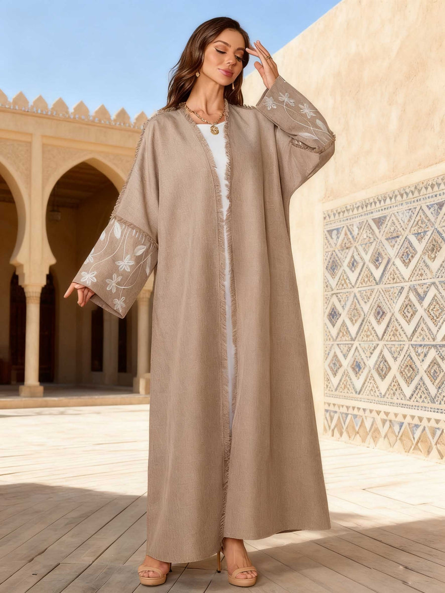 1pc Fashion Women's Elegant Floral Embroidered Cardigan Robe with Exquisite Embroidered Floral Pattern and Fringe Hem Design, Suitable for Daily Wear, Festive Gatherings, Arabic Style, Dignified Robe - Khaki