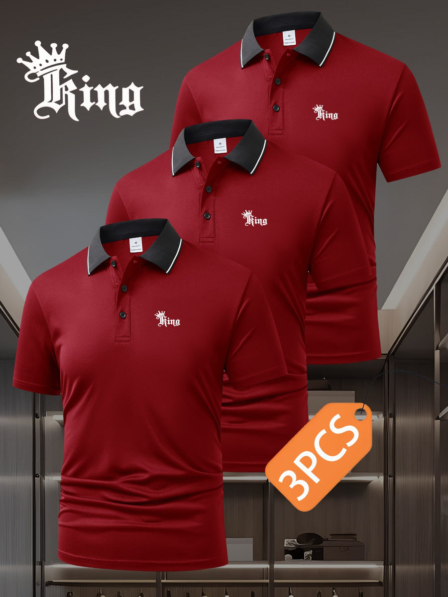 3pcs Set S20.32-2400.3 cmKING" Letter Logo New Men's Fashion Color-Block Quick-Dry Polo Shirt, Regular Fit Button Print, Golf Tennis Training Casual Sports Top - Burgundy