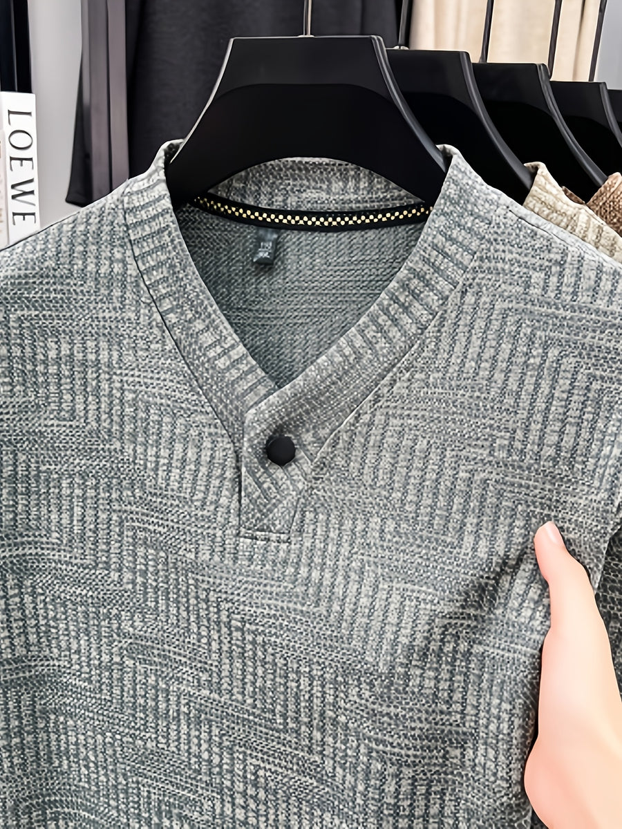 Men's Henley Collar Single-Button Long-Sleeve T-Shirt, Textured Jacquard Knit Top, Spring/Autumn Business Casual Daily Commute Base Layer Shirt - Medium Gray