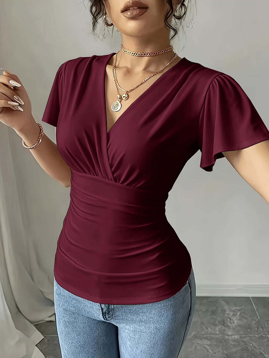 Women'S Spring Summer Casual V-Neck Solid Color Commuter T-Shirt - Burgundy