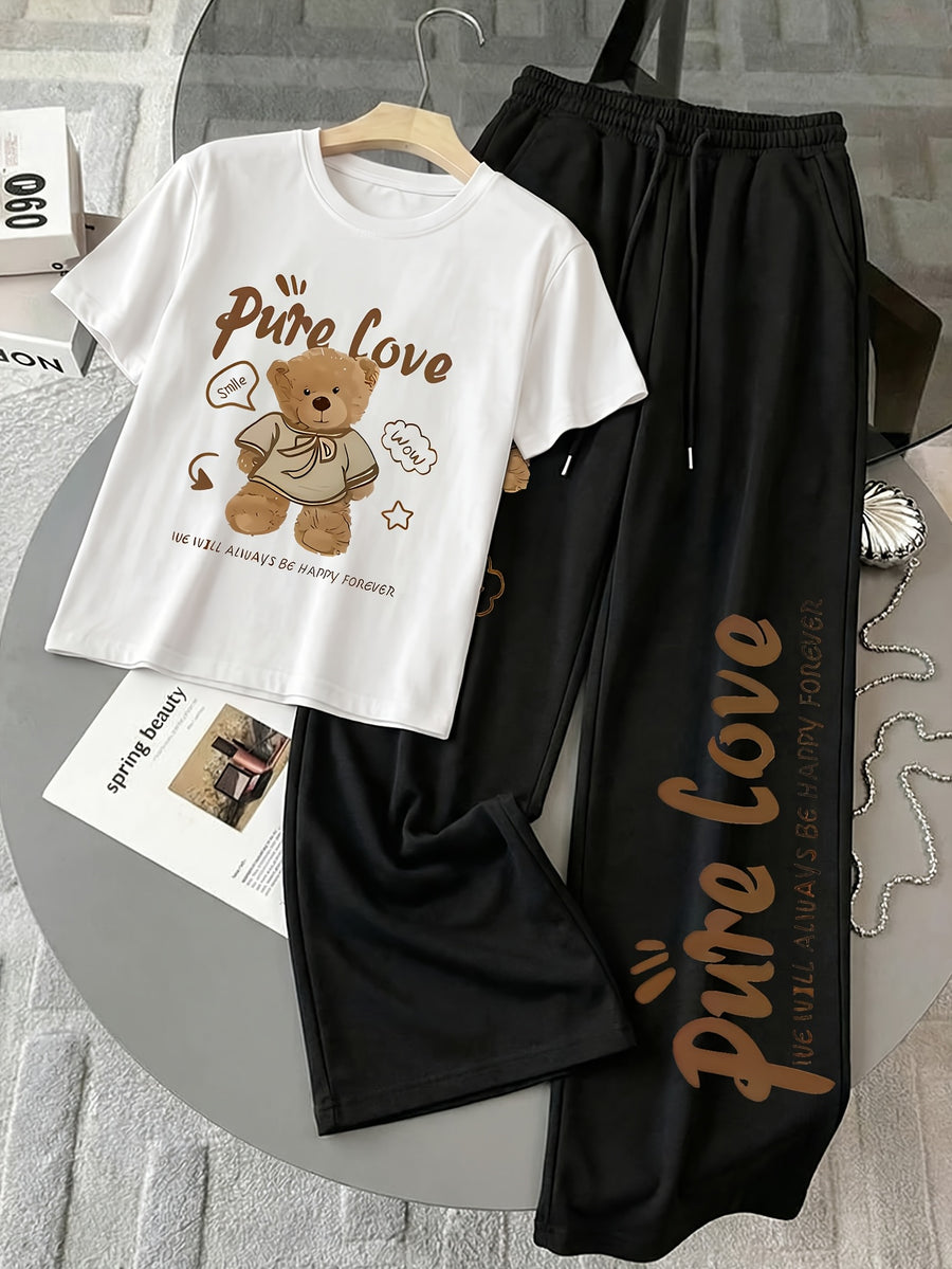 Women's 2-Piece Set: Spring/Summer Fun "Brown Bear" Heart and Letter Print Daily Y Casual T-Shirt with Drawstring Loose Straight-Leg Pants. Soft, Comfortable, Niche Hip-Hop Y2K Versatile Streetwear T-Shirt Set, Suitable for Summer Outings - White+black