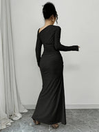 Ladies Elegant Fashion Office Commute Ladies Charm Long Sleeve Asymmetrical Neckline Pleated Slim Fit Bodysuit Collar Solid Color Textured Long Dress Directed - Black