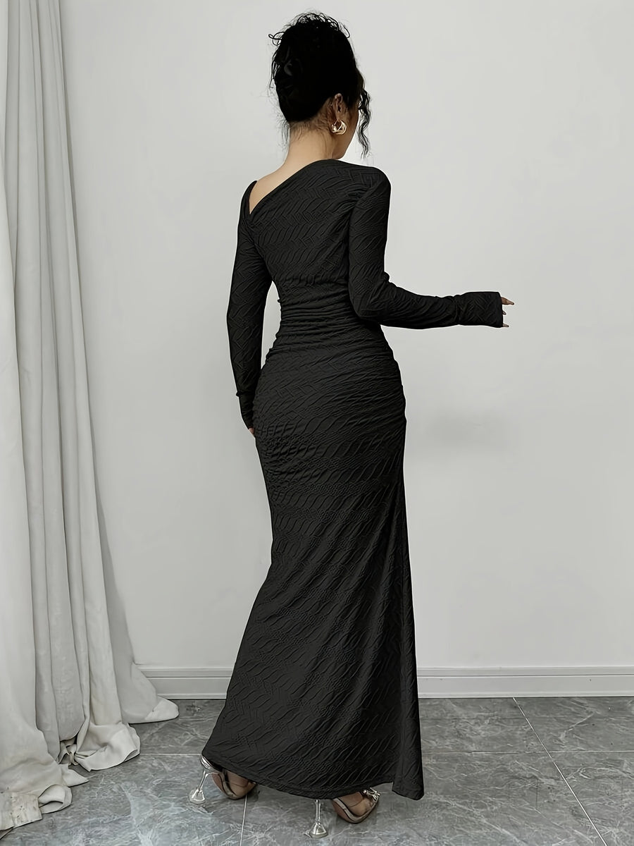Ladies Elegant Fashion Office Commute Ladies Charm Long Sleeve Asymmetrical Neckline Pleated Slim Fit Bodysuit Collar Solid Color Textured Long Dress Directed - Black