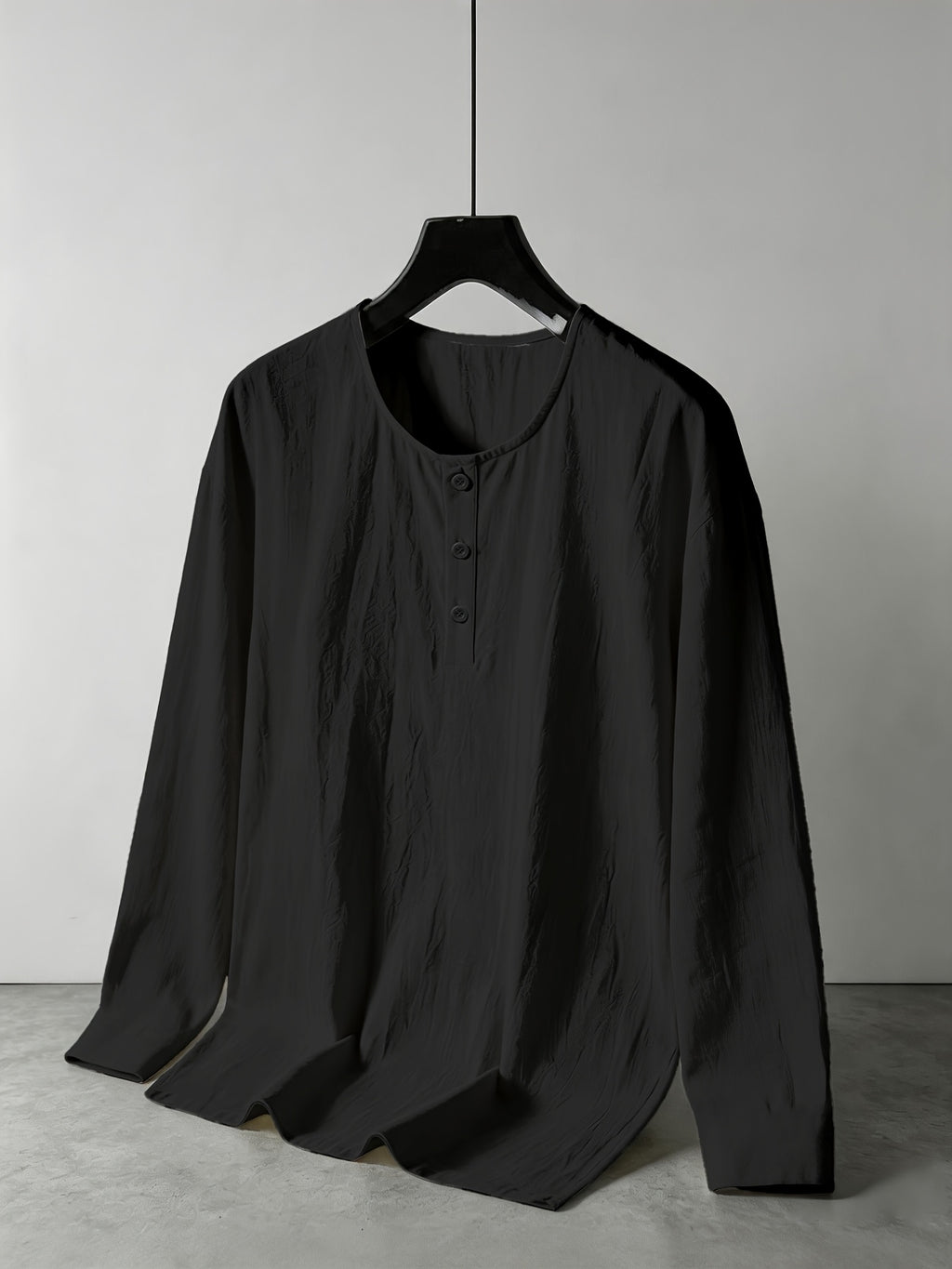 Spring/Summer Lightweight Cotton-Linen Henry Long-Sleeve Shirt for Men, Half-Open Placket Stand Collar Solid Color Top, Soft and Comfortable Casual Shirt for Daily Outings, Autumn Menswear - Black