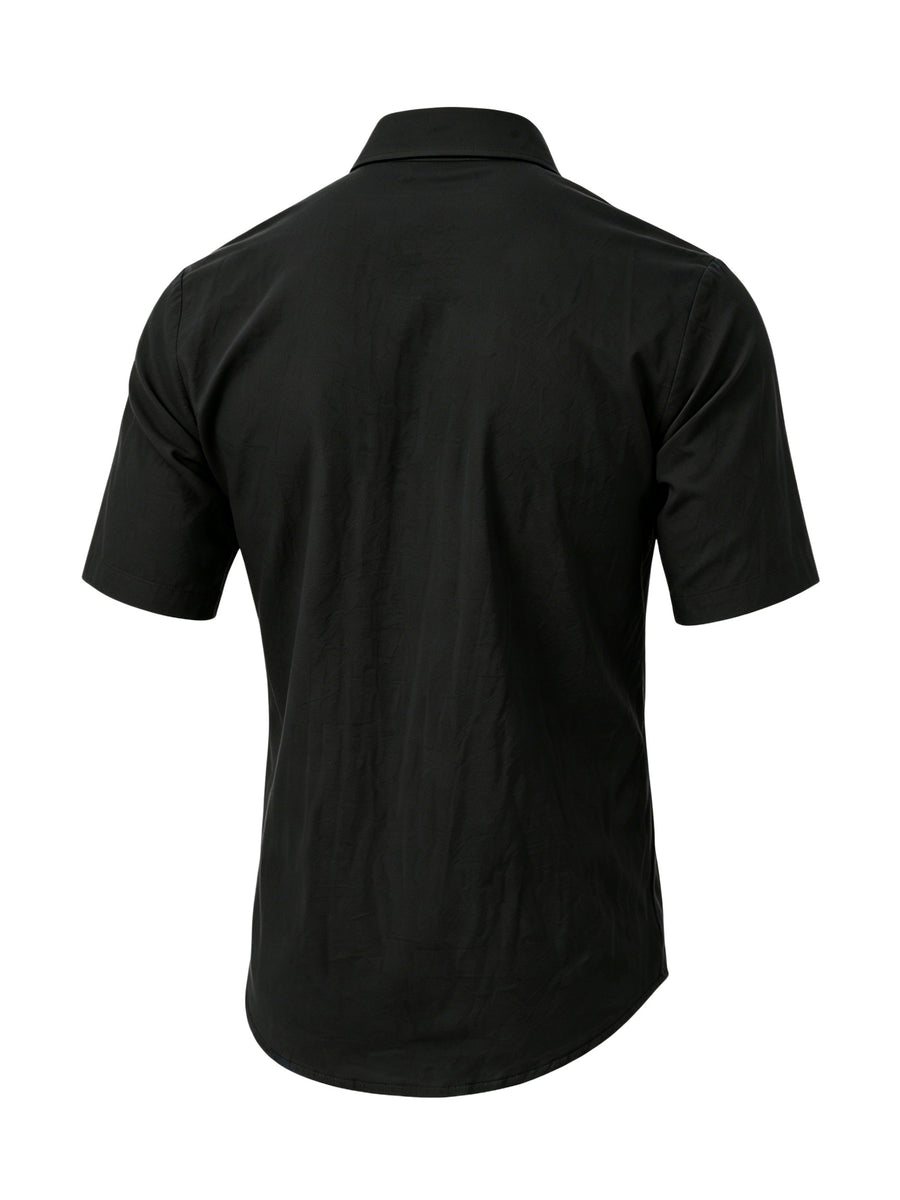 Men's Solid Color Button-Up Lapel Collar Short Sleeve Shirt - Breathable Textured Linen Button-Front Collar Shirt Suitable for Beach, Casual & -Casual Wear, Summer Office Outfits - Non-Stretch Button Collar - Black