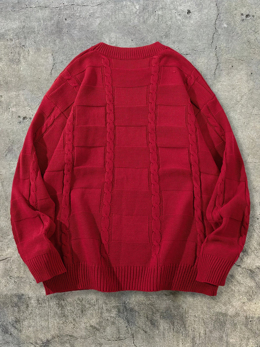 Autumn Winter Men'S New Casual Loose Easy Checkered Twisted Rope Pattern Vintage American Commute All-Match Knit Long Sleeve Round Neck Pullover Top - Red