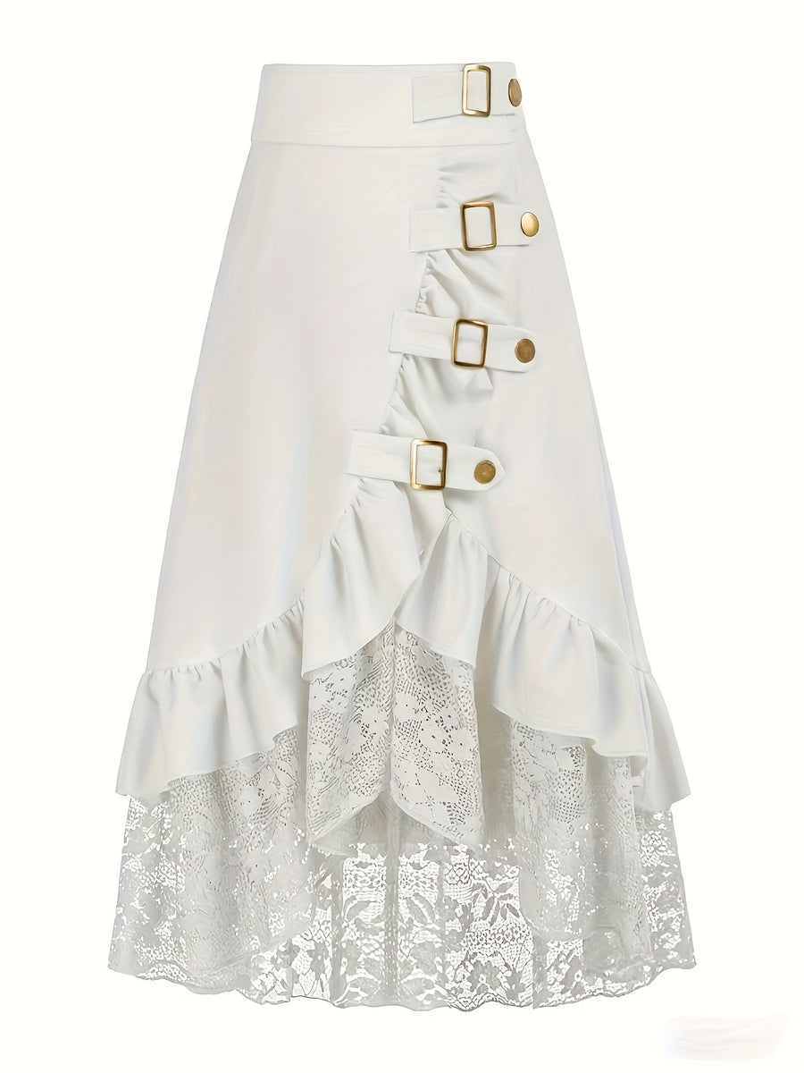 Fashion Gothic Mini Skirt Lace Patchwork Ruffled Solid Color Pirate Skirt - White