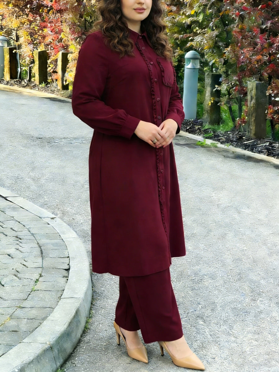 Eid | Elegant Plain Fril Muslim 2pcs Jalabiya Set | Elegant Abaya Women Modest with Pocket & Placket Ruffle Trim + Loose Wide-Leg Pants | Daily Home Leisure Commute Wear - Fuchsia
