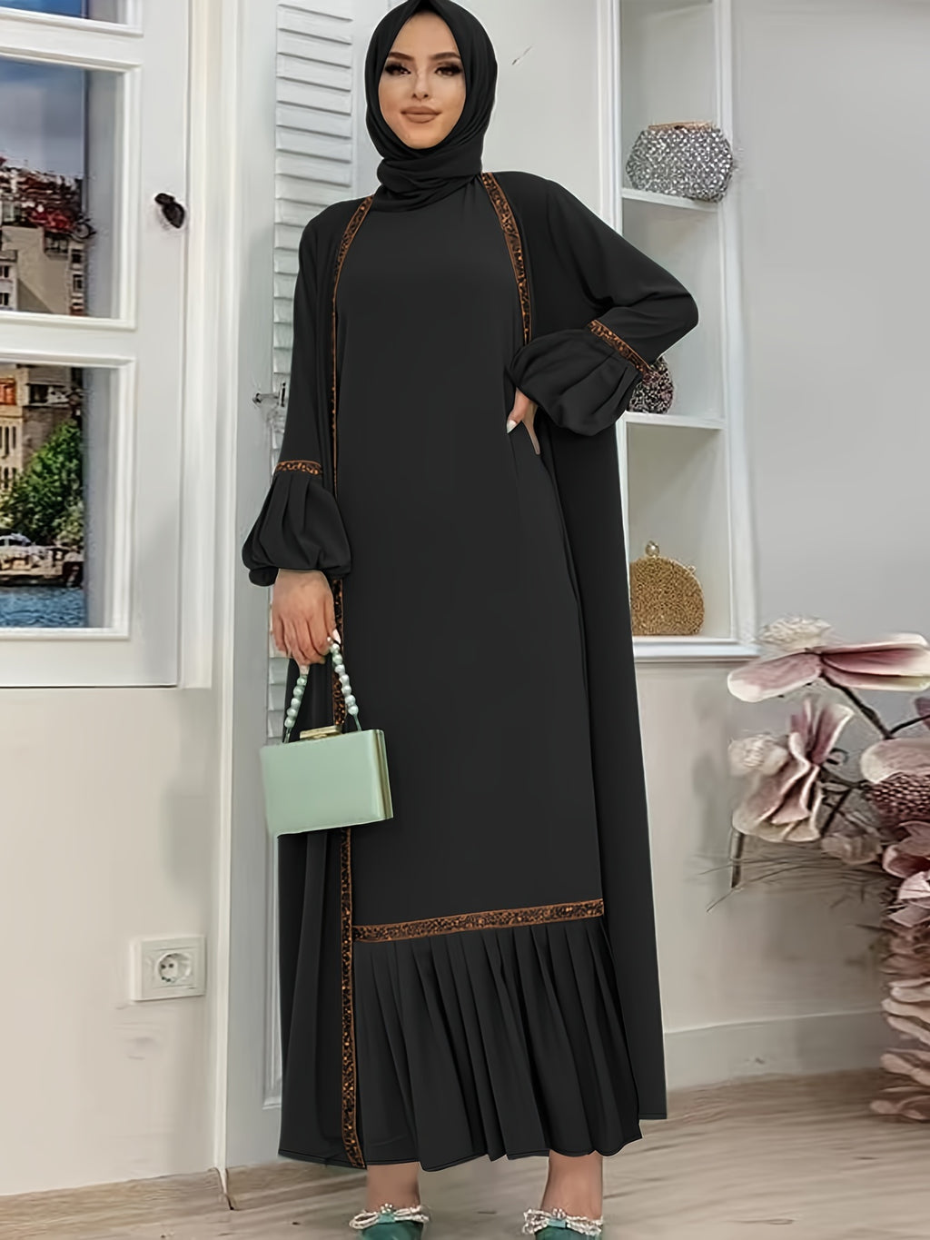 Women'S Middle Eastern Muslim Solid Color Vest Dress + Coat Two-Piece Set - Black