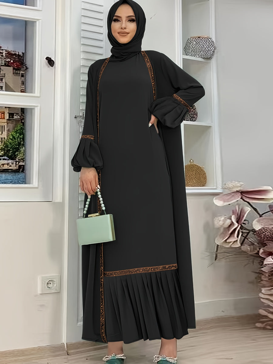Women'S Middle Eastern Muslim Solid Color Vest Dress + Coat Two-Piece Set - Black