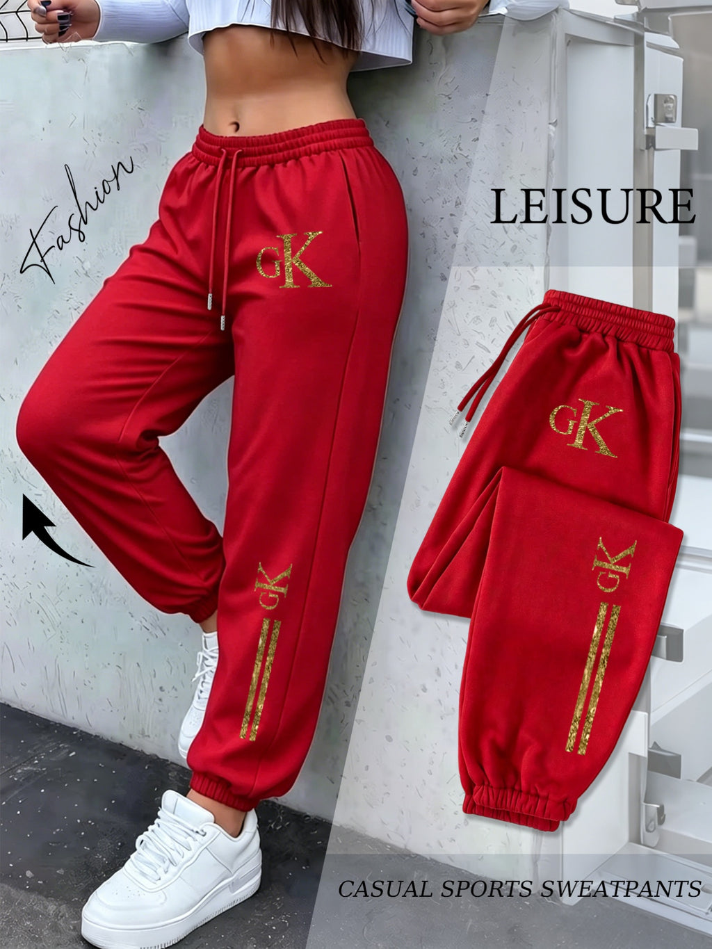 Women'S Drawstring Ankle-Cinching Sweatpants GK Letter Hot-Stamped Textured Striped Printed Casual Jogging Trousers - Red