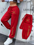 Women'S Drawstring Ankle-Cinching Sweatpants GK Letter Hot-Stamped Textured Striped Printed Casual Jogging Trousers - Red