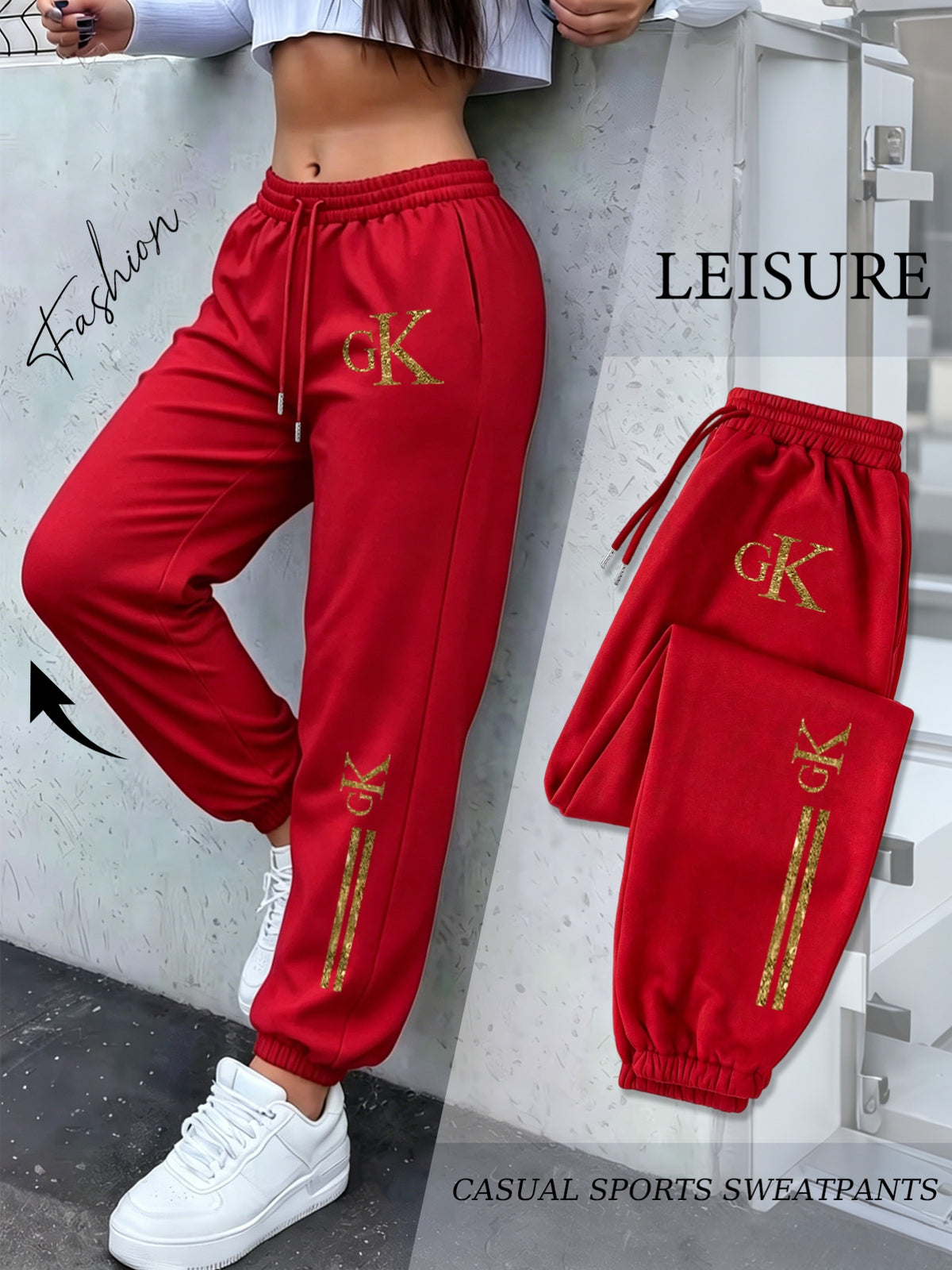 Women'S Drawstring Ankle-Cinching Sweatpants GK Letter Hot-Stamped Textured Striped Printed Casual Jogging Trousers - Red