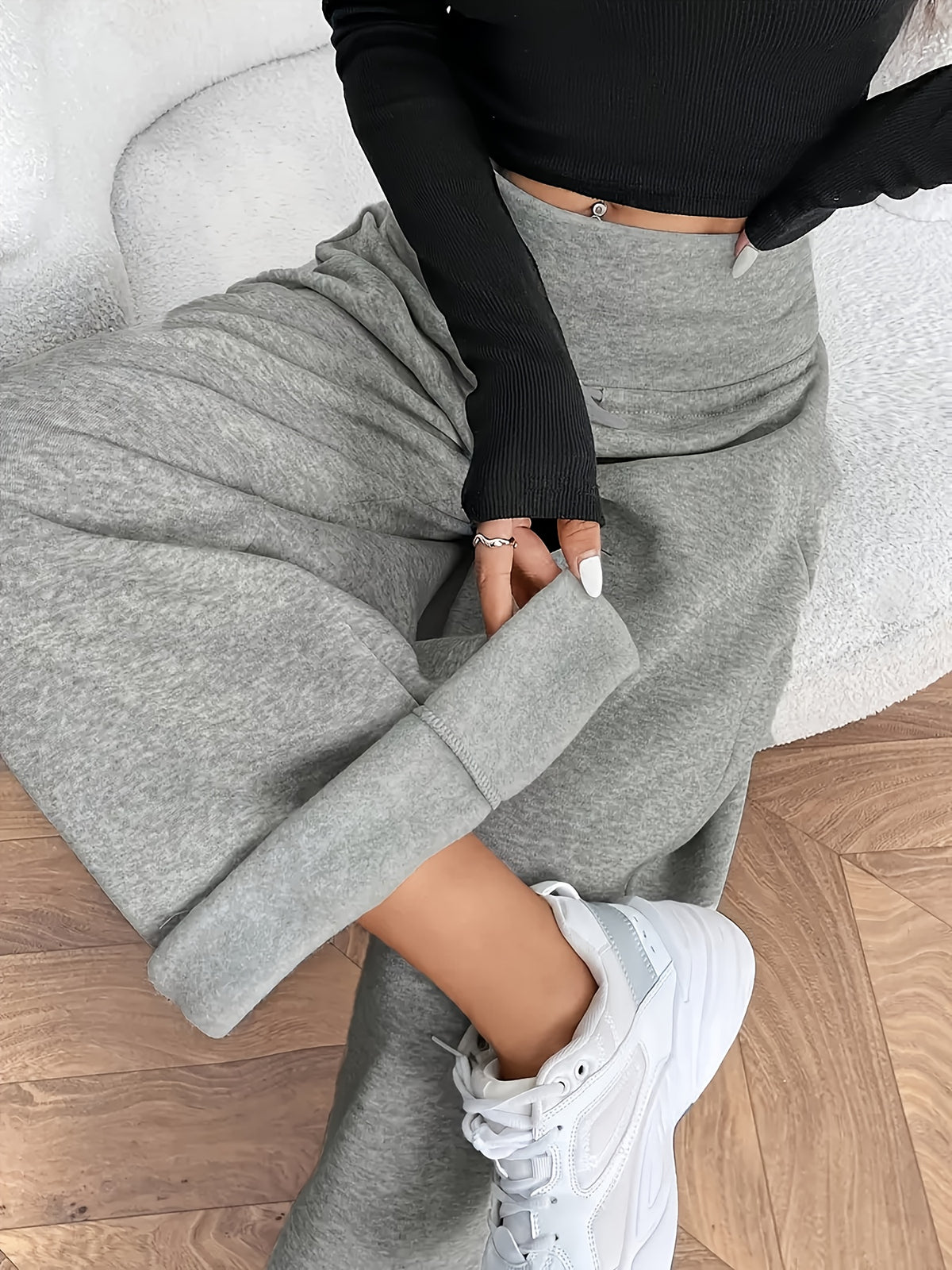 Women's Thermal Winter Pants with - Thickened Trousers for Cold Weather, Wide-Leg Relaxed Fit (Elbow-Length Coverage), Machine Washable Trousers for, Formal & Casual Wear - Soft Fabric Full-Length Leg Warmth - Grey