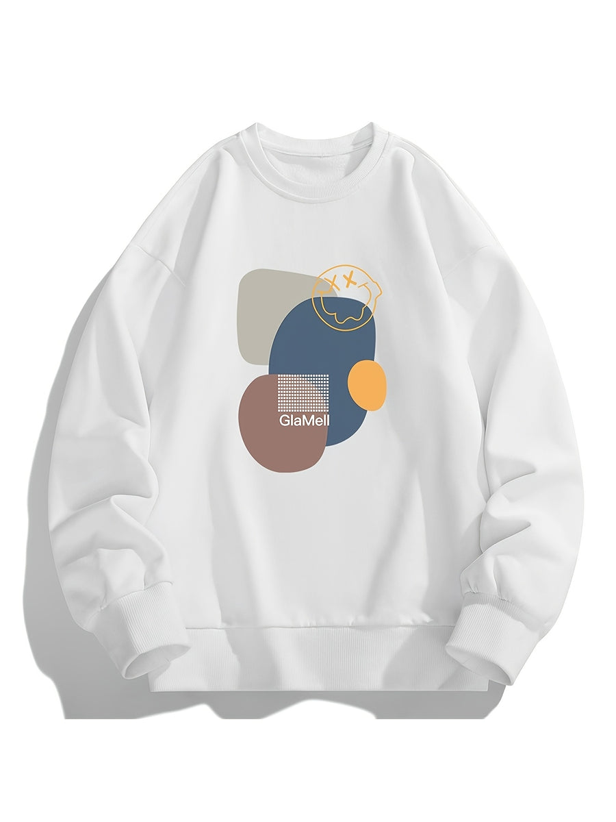 Men's Crew Neck Sweatshirt, Abstract Geometric Color Block Print Pullover Top, Youth Loose Casual Versatile LongSleeve Base Shirt - White