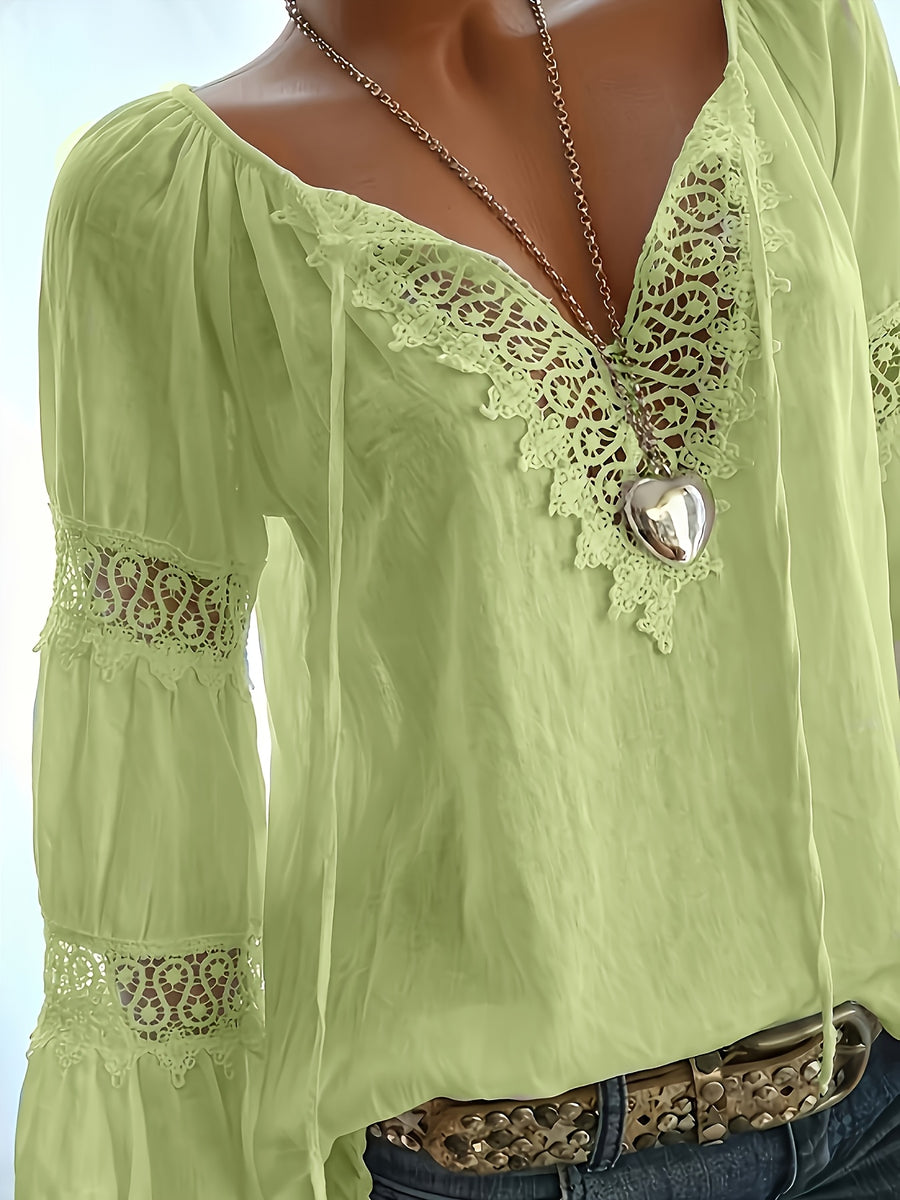 Women'S Spring Summer Retro Lace Patchwork V-Neck Lightweight Comfortable Cute Top, Elegant Comfortable Loose Casual Commute Dress Shirt - Greenish Yellow