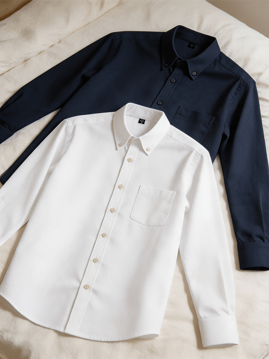 1+1 2pcs Classic Men's Oxford Plain Color Shirt, Long Sleeve Spring/Autumn Pocket Lapel Shirt for Casual Daily Outings - White+Navy Blue