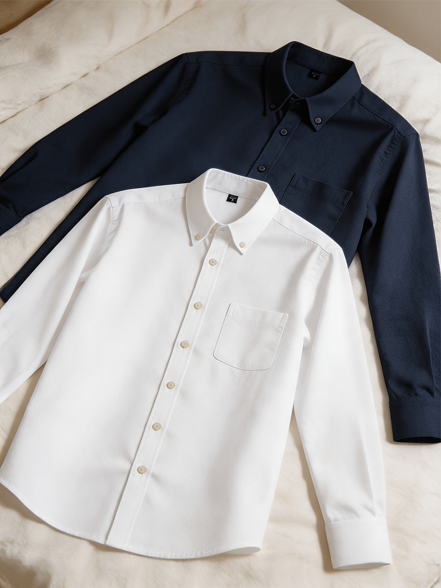 1+1 2pcs Classic Men's Oxford Plain Color Shirt, Long Sleeve Spring/Autumn Pocket Lapel Shirt for Casual Daily Outings - White+Navy Blue