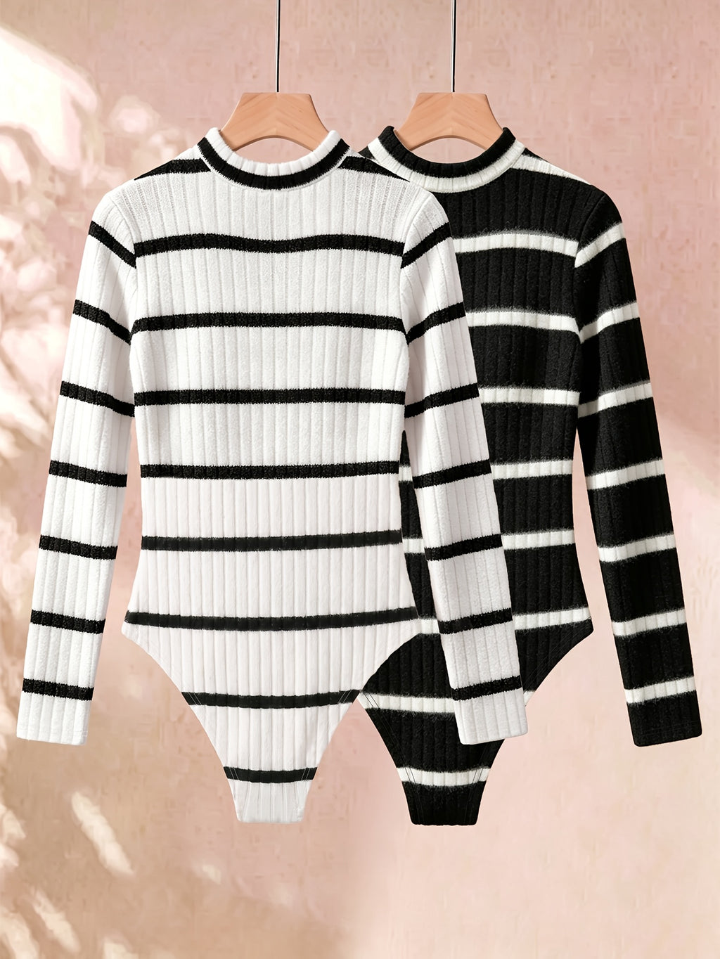 Spring/Autumn 2pcs Set Niche Design Long Sleeve Striped Jumpsuit Women'S Striped Combination Half Turtleneck Slim Base Layer Outerwear Inner Wear Jumpsuit - White and black stripes + black and white stripes