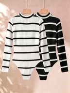Spring/Autumn 2pcs Set Niche Design Long Sleeve Striped Jumpsuit Women'S Striped Combination Half Turtleneck Slim Base Layer Outerwear Inner Wear Jumpsuit - White and black stripes + black and white stripes