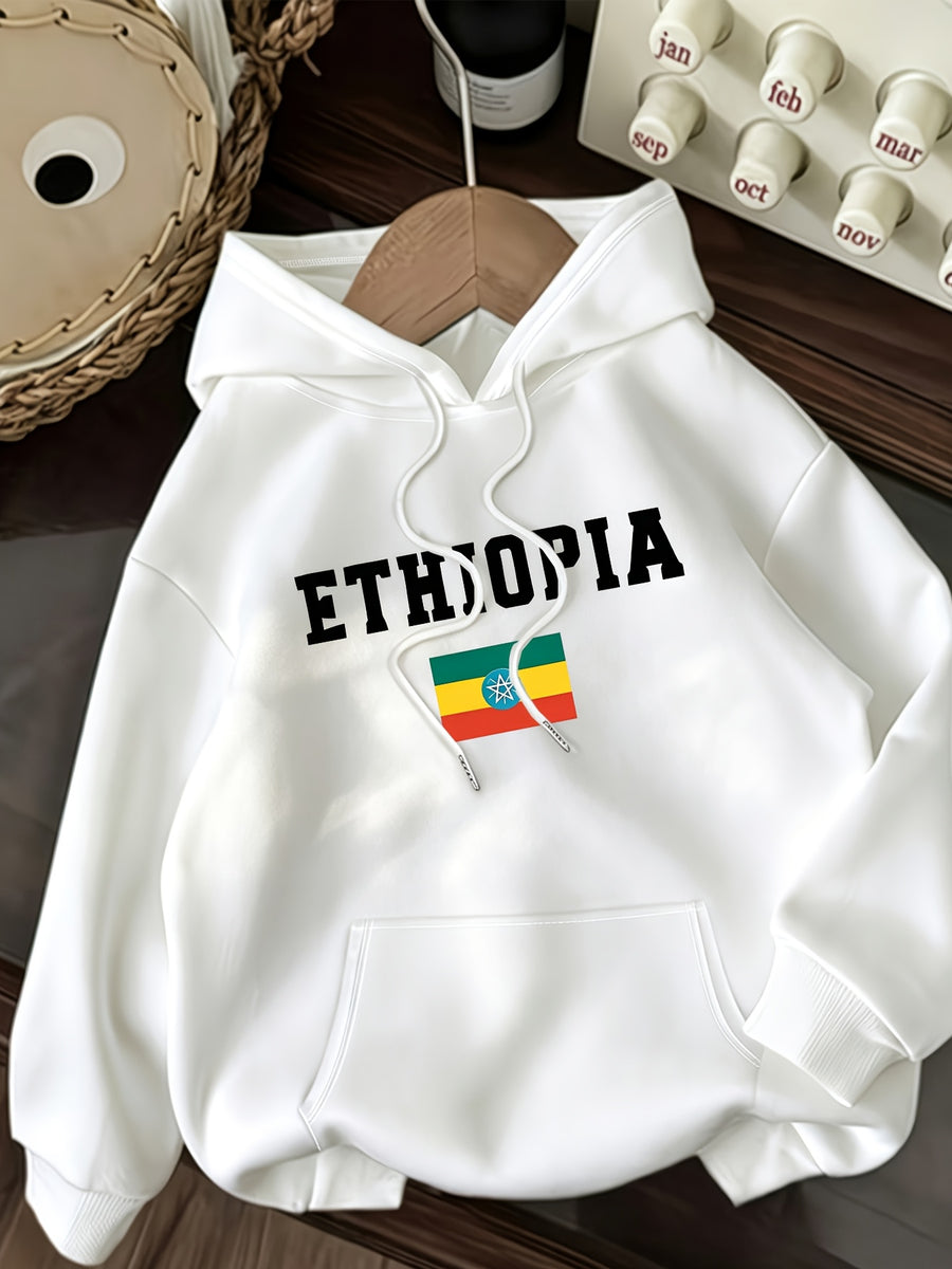 ETHIOPIA Lettering And Ethiopian Flag Pattern Autumn Winter Fashion Fleece Hooded Sweatshirt Women'S Printed Casual Elegant Women'S Clothing Cute Top - White