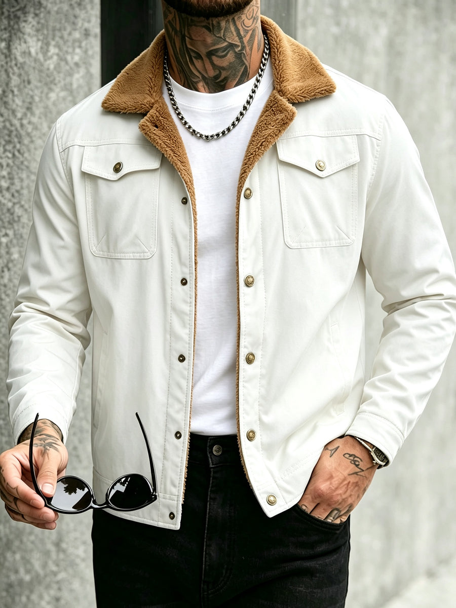 2026 European American New Men'S Mature Stable Fleece Warm Jacket Cargo Casual Easy Outing Commuting Coat - White