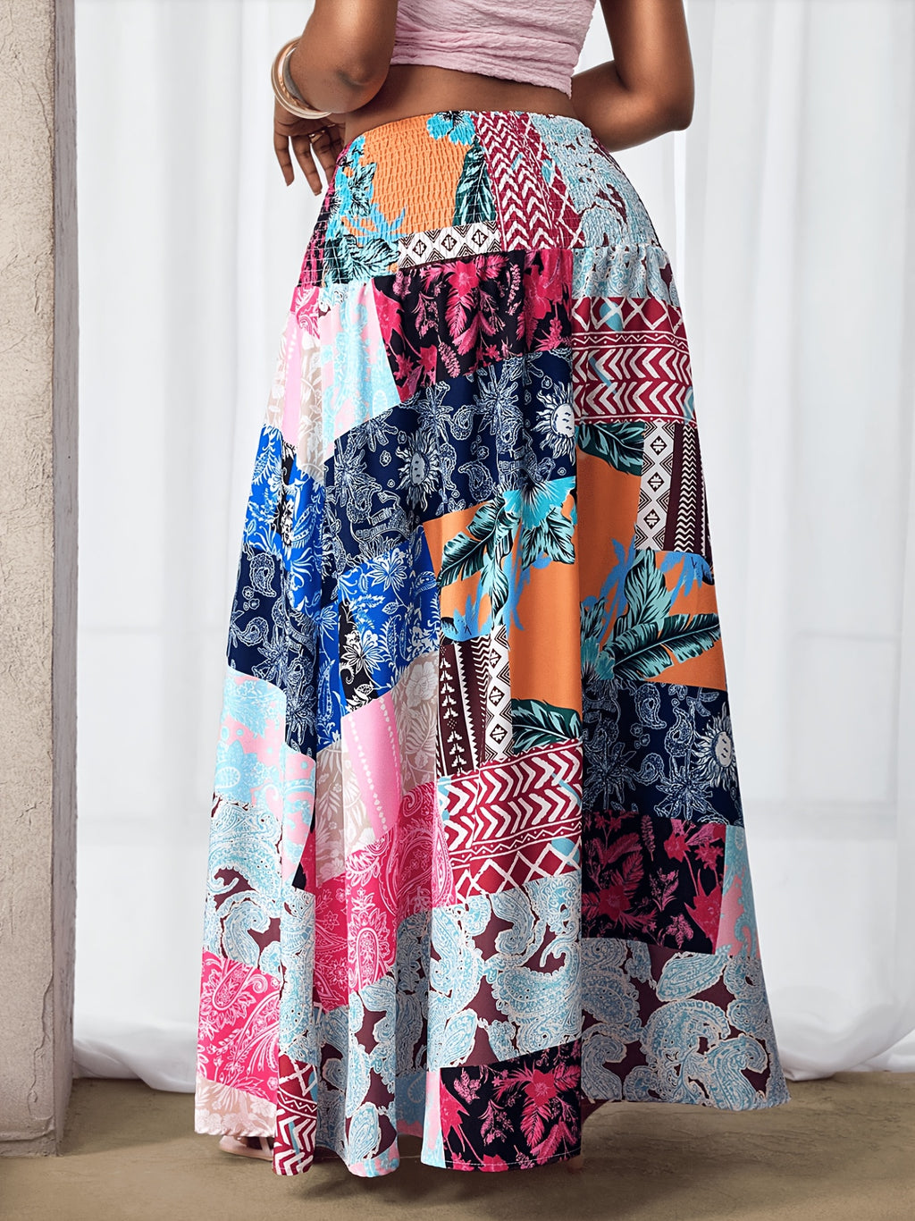 2026 New Spring/Summer Women's Bohemian Digital Print High-Waist Loose Maxi Skirt, High-Waist Pleated Waist-Cinching Loose, Flowy, Comfortable, Casual, and Stylish Digital Print Skirt for Women - Multicolor