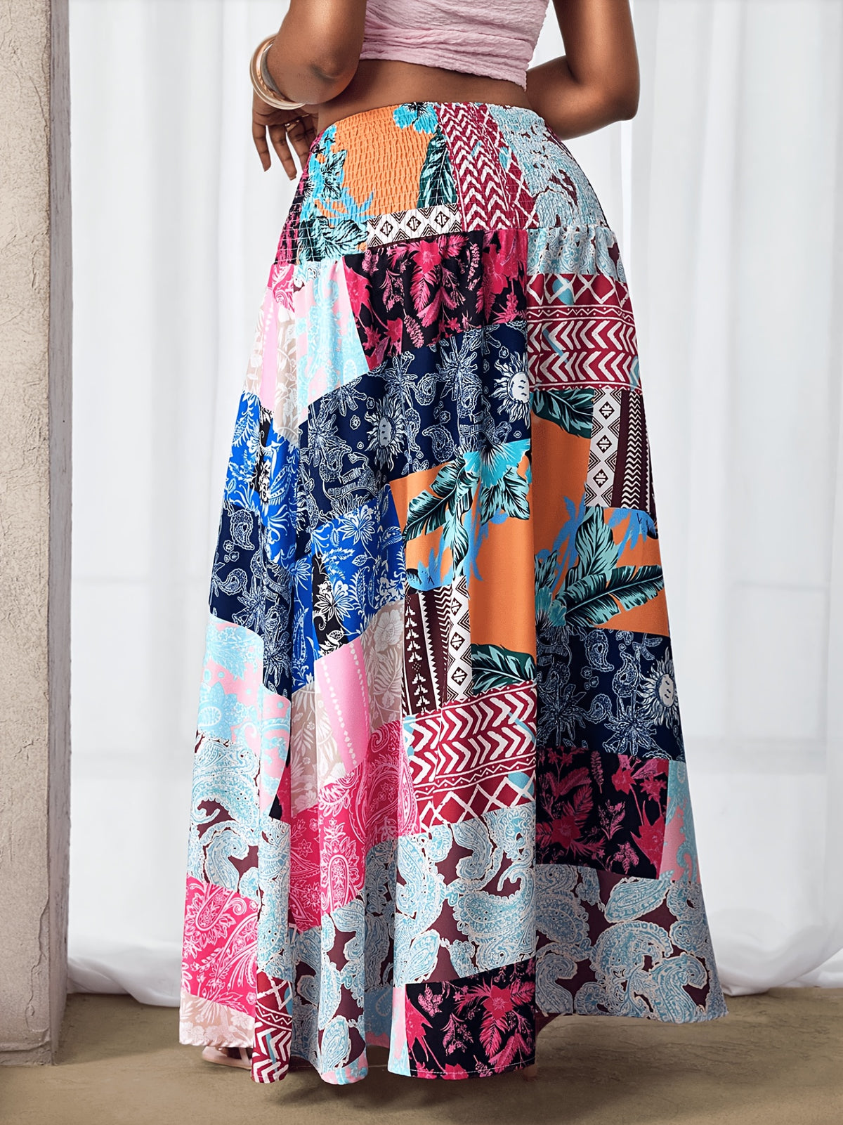 2026 New Spring/Summer Women's Bohemian Digital Print High-Waist Loose Maxi Skirt, High-Waist Pleated Waist-Cinching Loose, Flowy, Comfortable, Casual, and Stylish Digital Print Skirt for Women - Multicolor